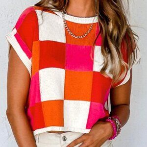 NWT Contrast Plaid Round Neck Cap Sleeve Sweater